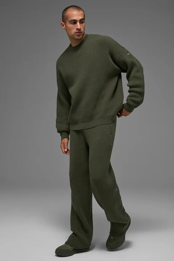 Domain geribde trui met ronde hals - Olijfgroen