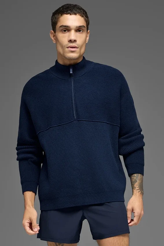 Domain Shift geribde trui met 1/4 rits - Marineblauw