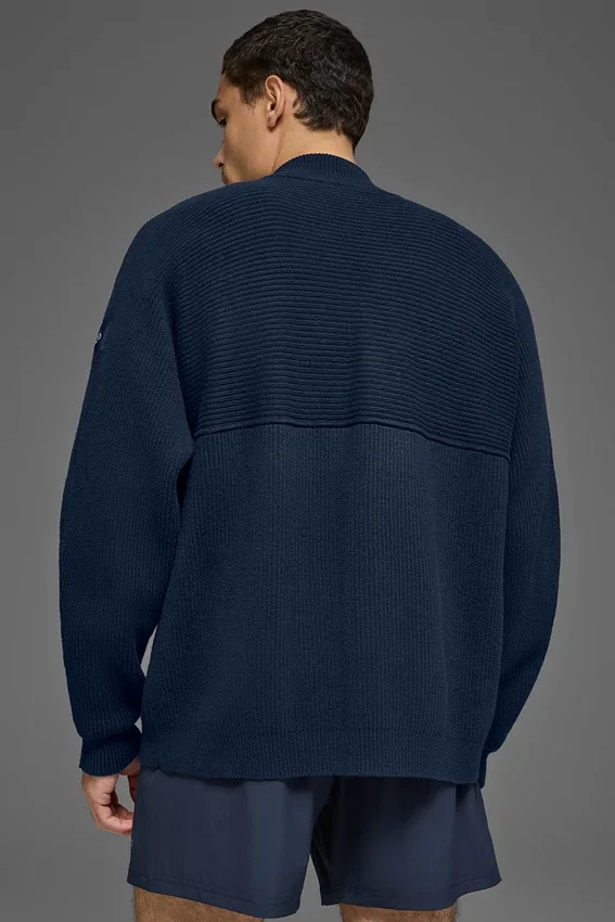Domain Shift geribde trui met 1/4 rits - Marineblauw