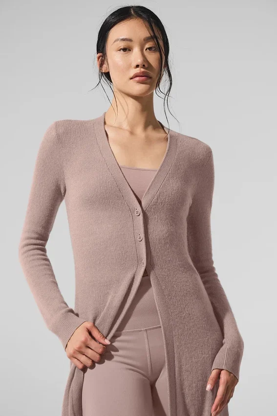 Doorschijnend lang kasjmier vest - taupe