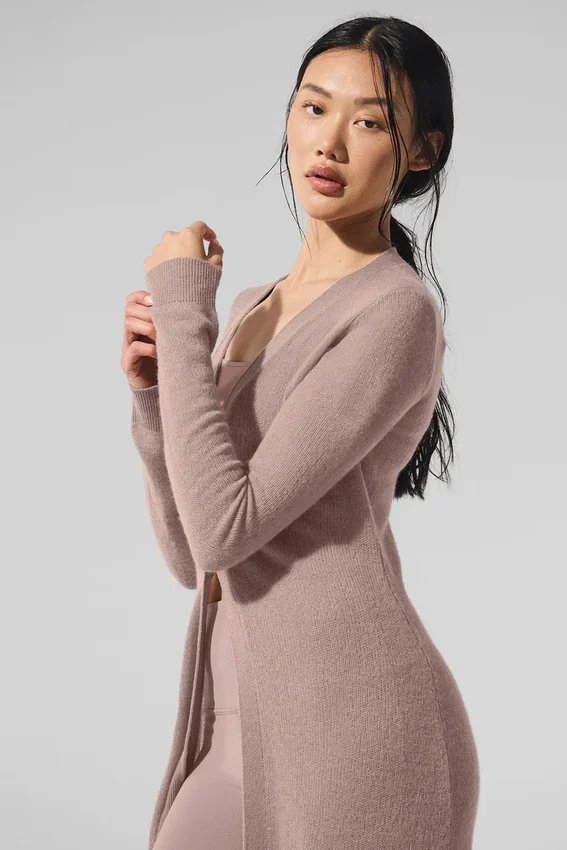 Doorschijnend lang kasjmier vest - taupe