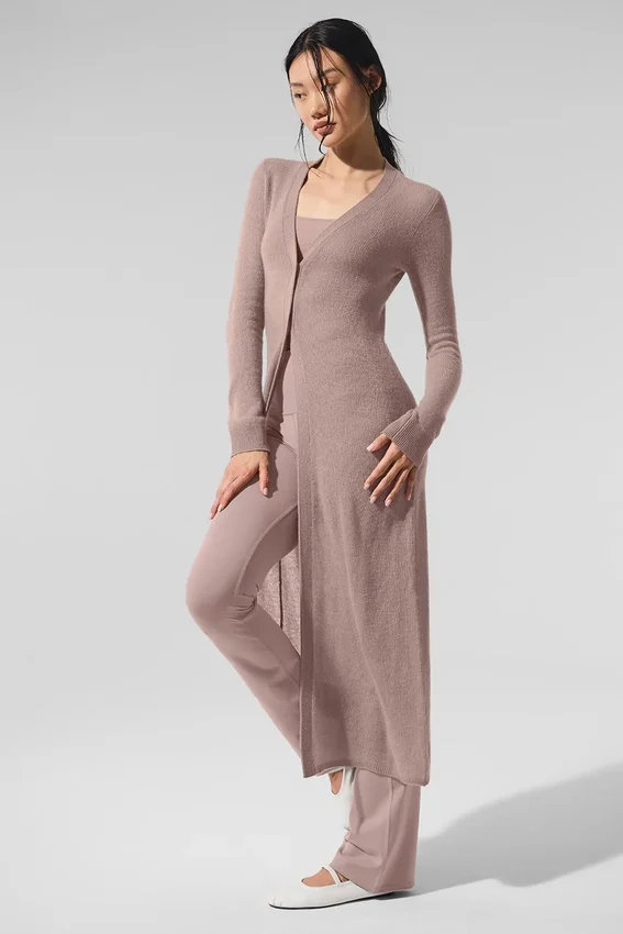 Doorschijnend lang kasjmier vest - taupe