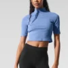 Geribbeld mesh-shirt met korte mouwen – Crystal Clear Blue