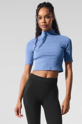 Geribbeld mesh-shirt met korte mouwen – Crystal Clear Blue