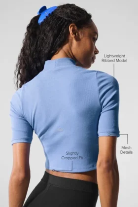 Geribbeld mesh-shirt met korte mouwen – Crystal Clear Blue
