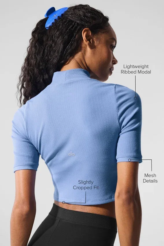 Geribbeld mesh-shirt met korte mouwen – Crystal Clear Blue
