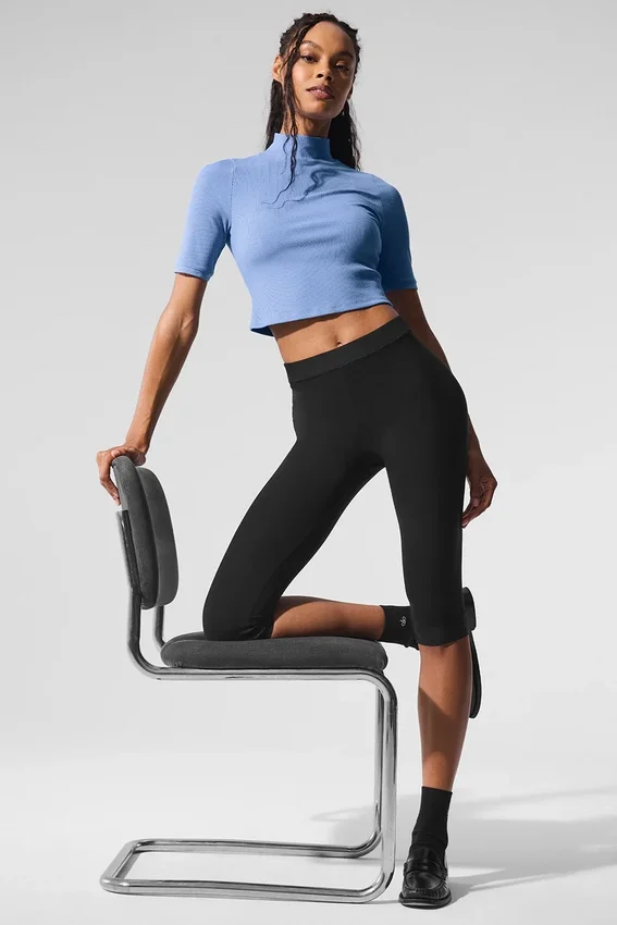 Geribbeld mesh-shirt met korte mouwen – Crystal Clear Blue