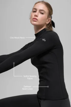 Geribbeld Mesmerize-shirt met hoge kraag en lange mouwen – Zwart