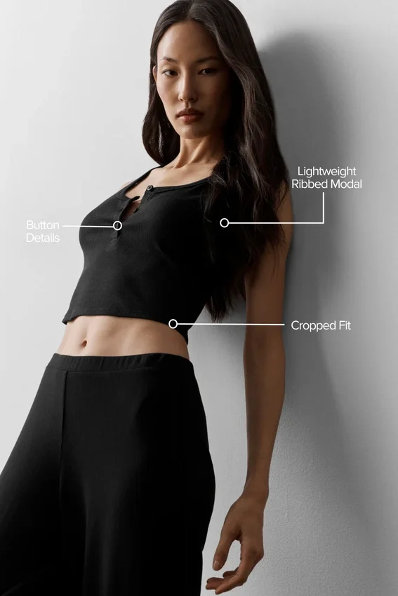 Geribbeld modal Henley-hemd - Zwart