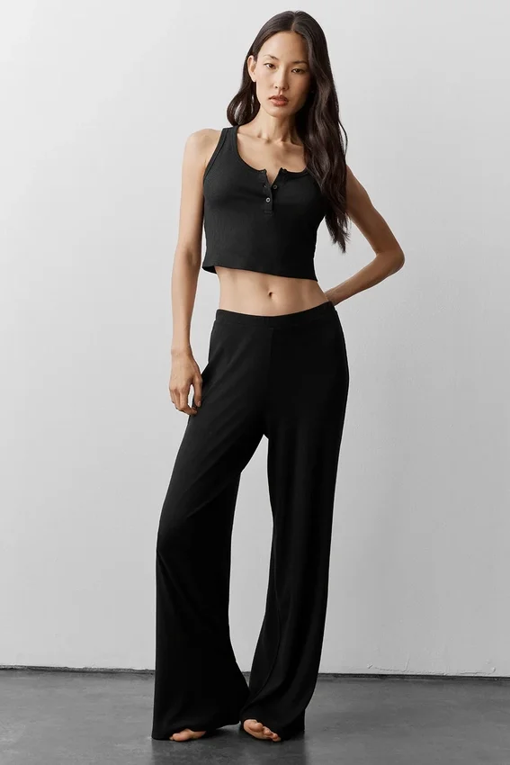 Geribbeld modal Henley-hemd - Zwart