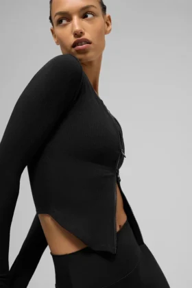 Geribbeld Stardust-shirt met lange mouwen - Zwart