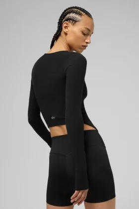 Geribbeld Stardust-shirt met lange mouwen – Zwart