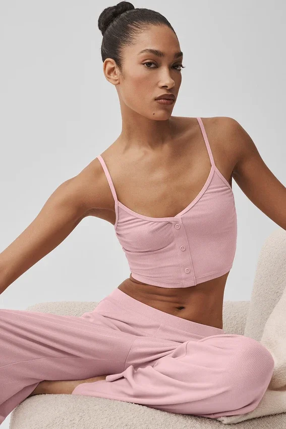 Geribbelde Delicate Lounge-top - Vintage roze