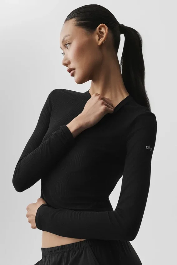 Geribd Sea Coast-shirt met lange mouwen – Zwart