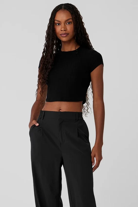 Geribd Sea Coast T-shirt met korte mouwen en cropped pasvorm - Zwart
