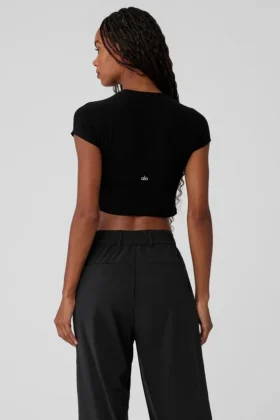 Geribd Sea Coast T-shirt met korte mouwen en cropped pasvorm – Zwart