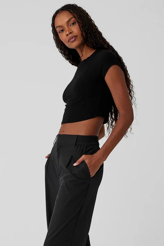Geribd Sea Coast T-shirt met korte mouwen en cropped pasvorm - Zwart