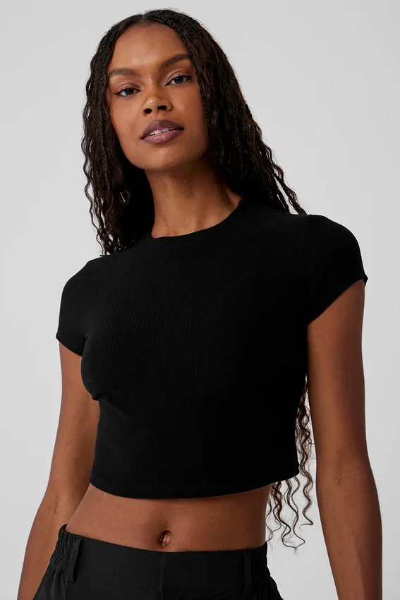 Geribd Sea Coast T-shirt met korte mouwen en cropped pasvorm - Zwart