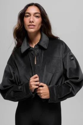 Geribd velours cropped Mountain Side-jasje - Zwart