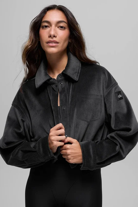Geribd velours cropped Mountain Side-jasje - Zwart