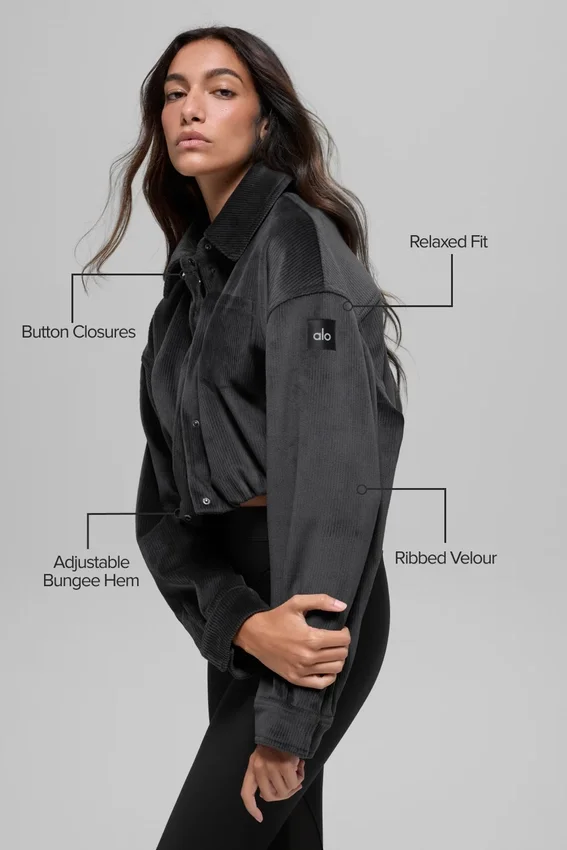Geribd velours cropped Mountain Side-jasje - Zwart