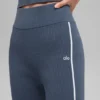 Geribde gebreide Highline Flare-broek – Bluestone/Wit
