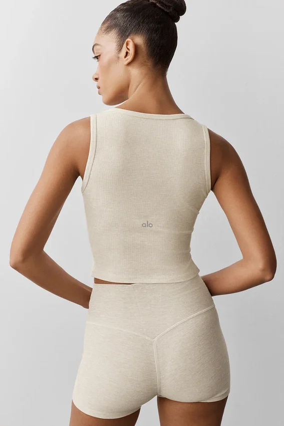 Geribde modal Henley-tanktop - Oatmeal Heather