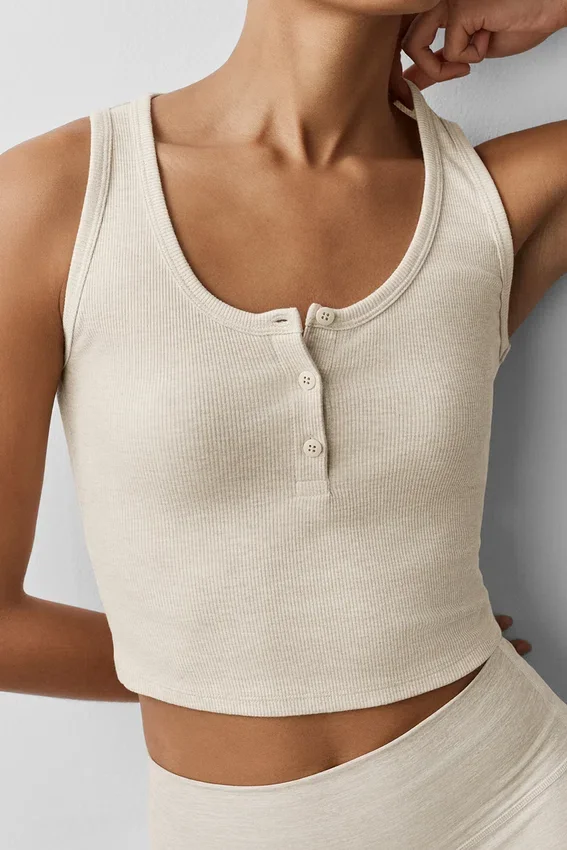 Geribde modal Henley-tanktop - Oatmeal Heather