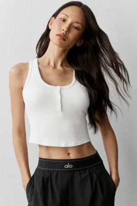 Geribde modal Henley-tanktop - Wit