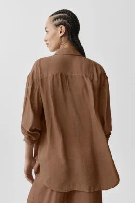 Halfdoorzichtig Golden Hour-overhemd met lange mouwen en knopen – Sun Kissed Brown
