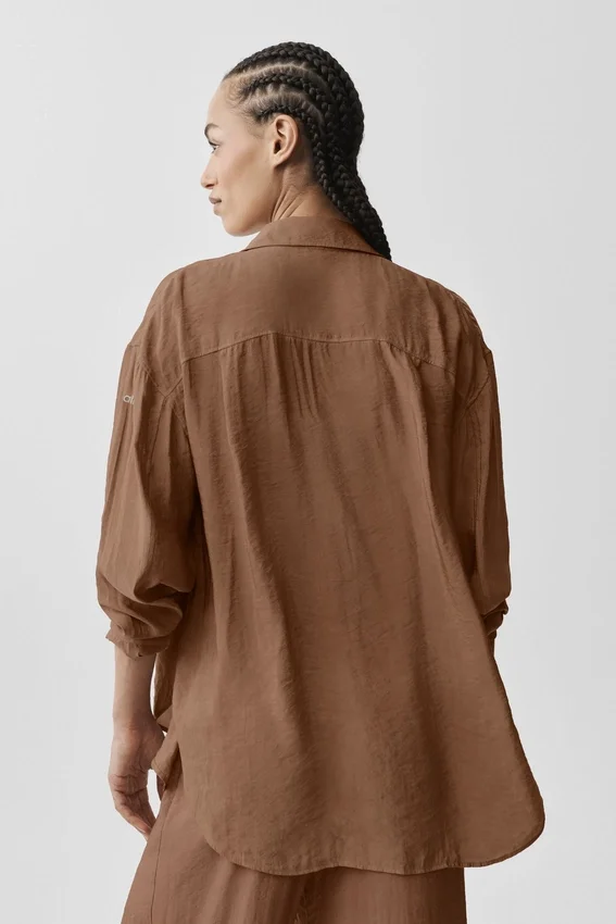 Halfdoorzichtig Golden Hour-overhemd met lange mouwen en knopen - Sun Kissed Brown