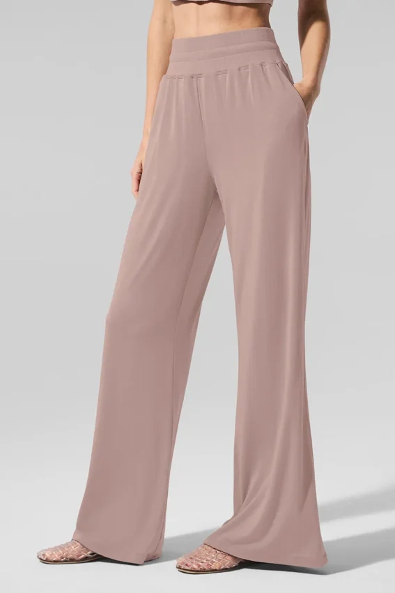 Halfdoorzichtige, delicate lounge-broek met wijde pijpen - Taupe