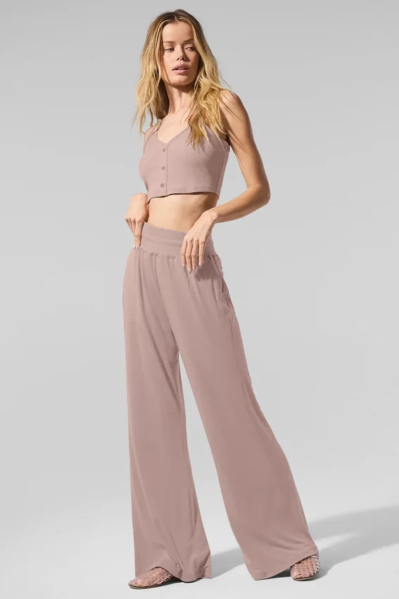 Halfdoorzichtige, delicate lounge-broek met wijde pijpen - Taupe