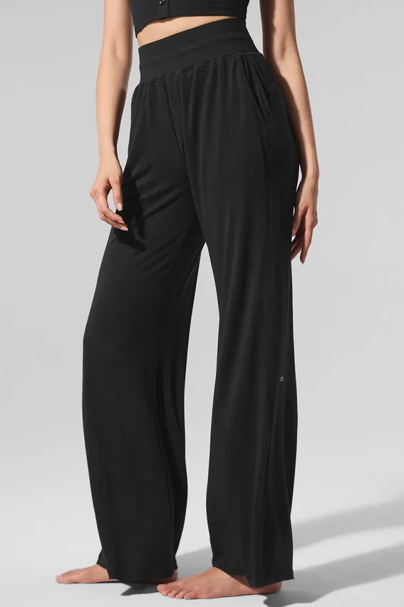Halfdoorzichtige, delicate lounge-broek met wijde pijpen - Zwart