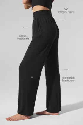 Halfdoorzichtige, delicate lounge-broek met wijde pijpen – Zwart