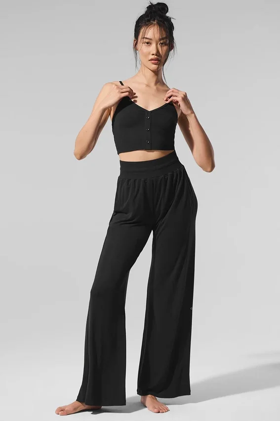 Halfdoorzichtige, delicate lounge-broek met wijde pijpen - Zwart