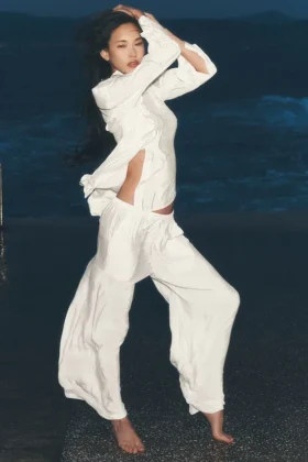 Halfdoorzichtige Golden Hour-broek met High-Waist-taille en rechte pijpen - ivoor