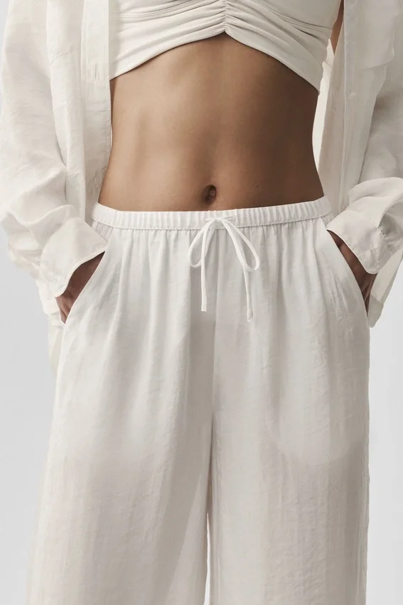 Halfdoorzichtige Golden Hour-broek met High-Waist-taille en rechte pijpen - ivoor