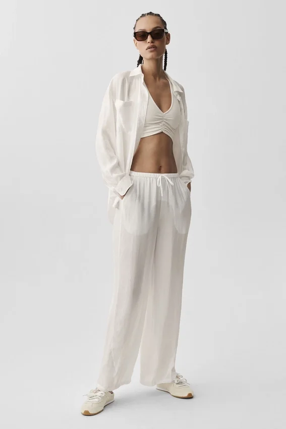 Halfdoorzichtige Golden Hour-broek met High-Waist-taille en rechte pijpen - ivoor