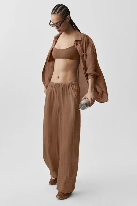 Halfdoorzichtige Golden Hour-broek met High-Waist-taille en rechte pijpen – Sun Kissed Brown