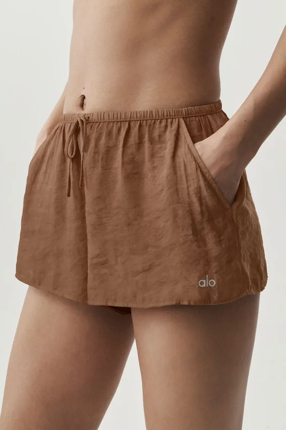 Halfdoorzichtige Golden Hour-korte broek met middelhoge taille - Sun Kissed Brown