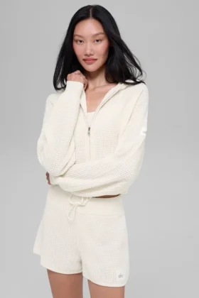 Hoodie met volledige rits in kasjmier-pluche en wafelstructuur - Ivory