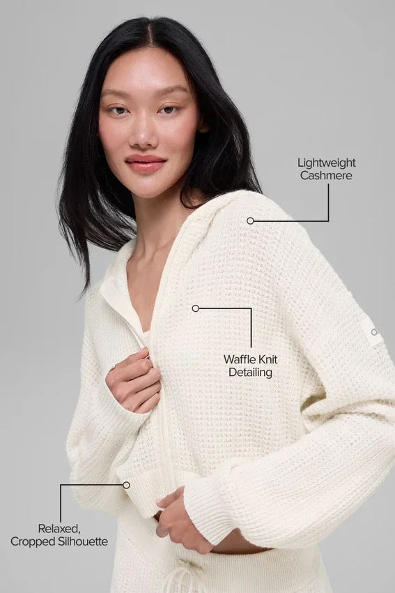 Hoodie met volledige rits in kasjmier-pluche en wafelstructuur - Ivory