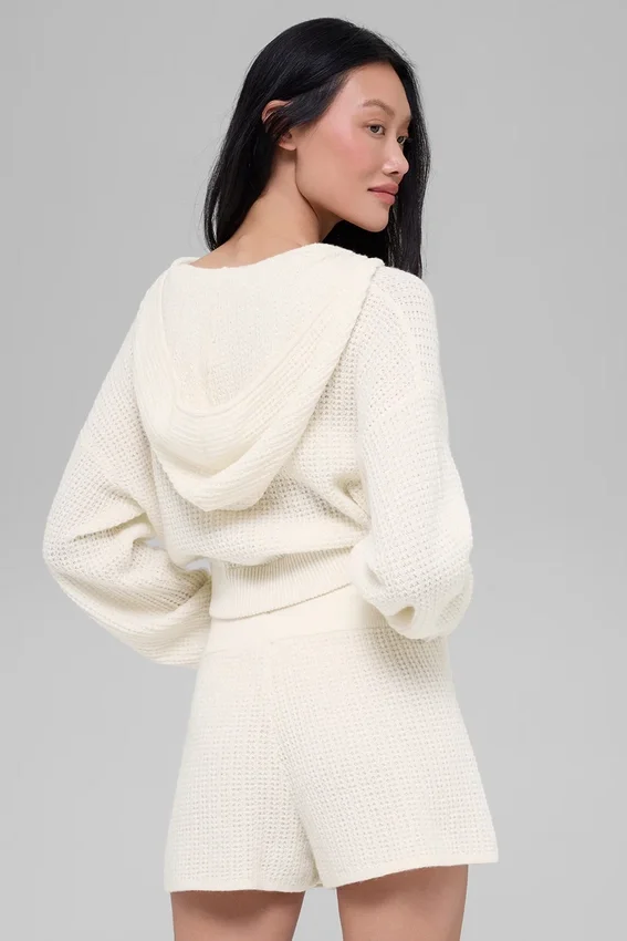 Hoodie met volledige rits in kasjmier-pluche en wafelstructuur - Ivory
