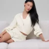 Hoodie met volledige rits in kasjmier-pluche en wafelstructuur - Ivory