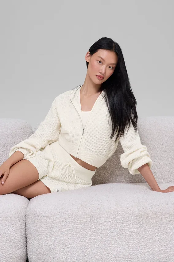 Hoodie met volledige rits in kasjmier-pluche en wafelstructuur - Ivory