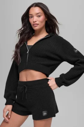 Hoodie met volledige rits van kasjmierpluche in wafelpatroon - Zwart