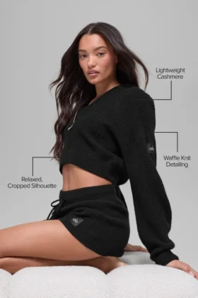 Hoodie met volledige rits van kasjmierpluche in wafelpatroon – Zwart