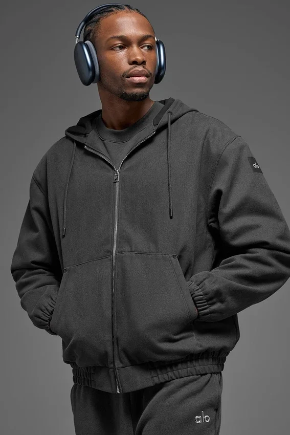 Hoodie van katoenen canvas met doorlopende rits - Anthracite