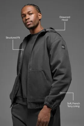 Hoodie van katoenen canvas met doorlopende rits – Anthracite
